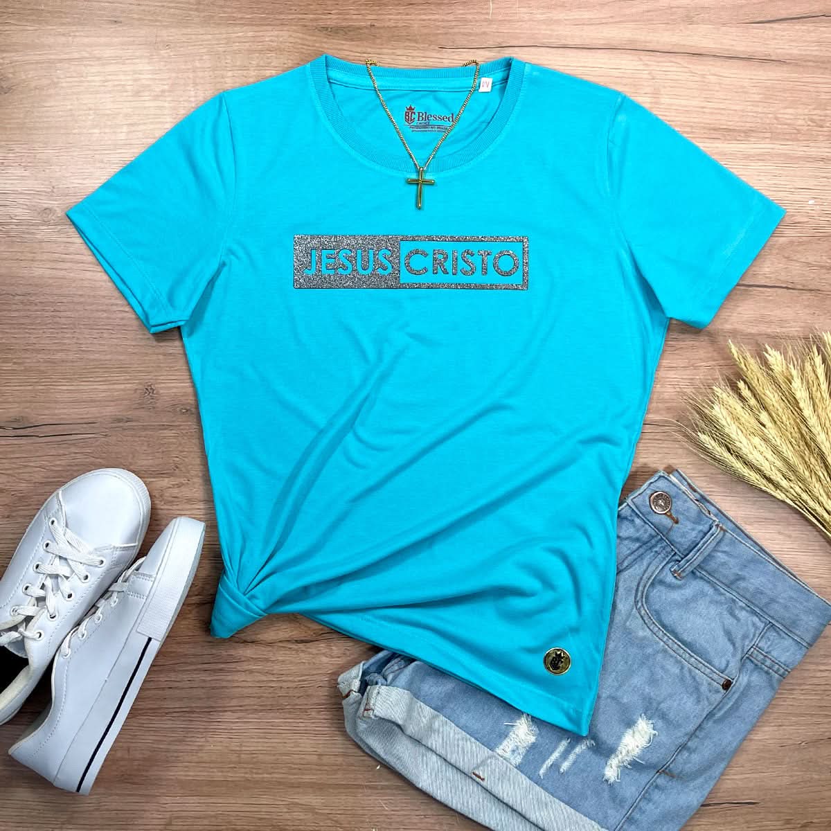 Camiseta Feminina Turquesa Jesus Cristo Glitter