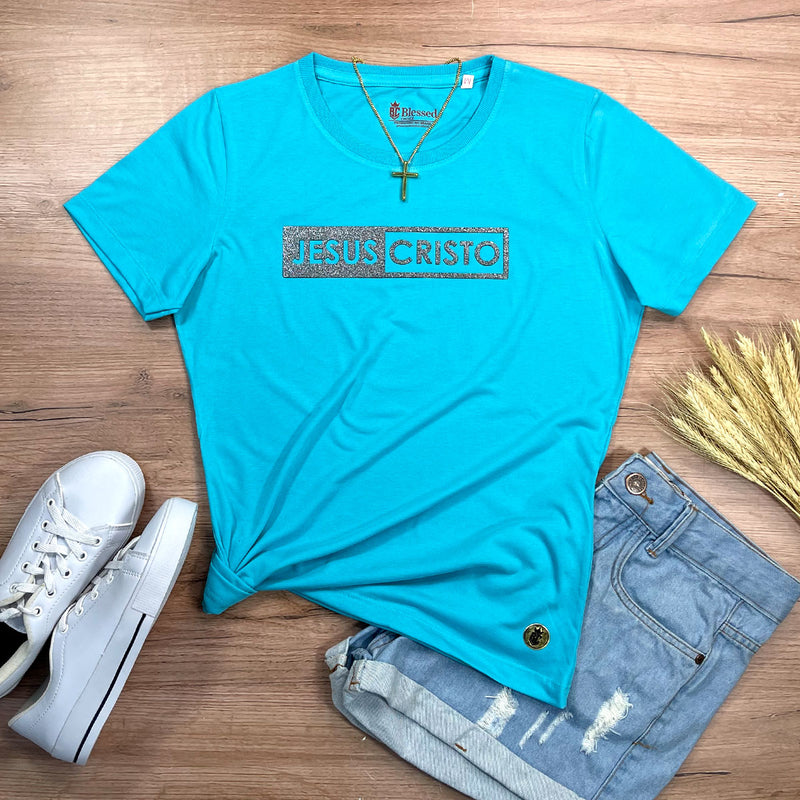 Camiseta Feminina Turquesa Jesus Cristo Glitter