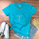 Camiseta Feminina Turquesa Aplique Cruz Jesus