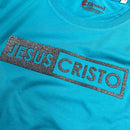 Camiseta Feminina Turquesa Jesus Cristo Glitter