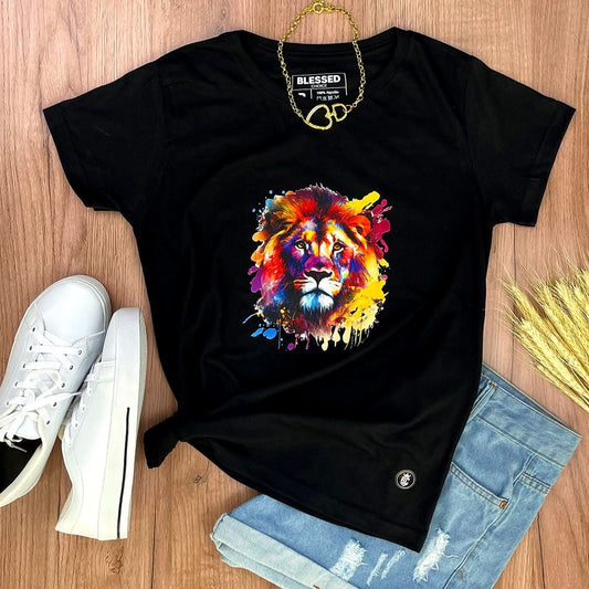 Camiseta Feminina Preta Leão Colorido
