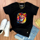 Camiseta Feminina Preta Leão Colorido