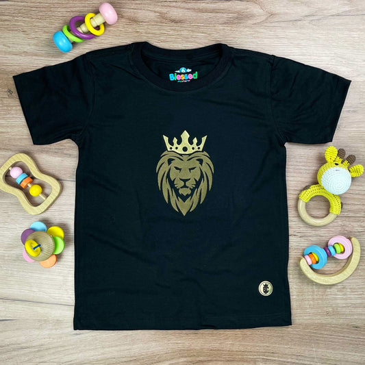 T-Shirt Infantil Preta Coroa Leão Veludo