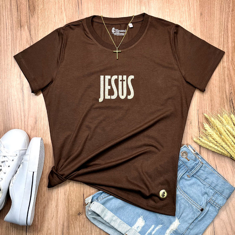 Camiseta Feminina Marrom Jesus Cruz Glitter