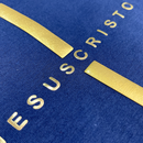 Camiseta Masculina Azul Cruz Dourada Jesus Cristo