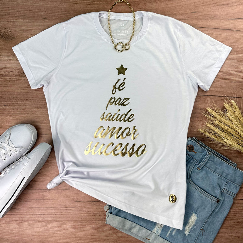 Camiseta Feminina Branca Árvore Fé Paz Dourado