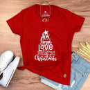 Camiseta Feminina Vermelha Árvore Joy Hope Love Peace Christmas