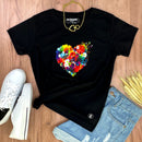 Camiseta Feminina Preta Coração Flor
