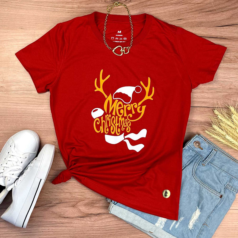 Camiseta Feminina Vermelha Rena Merry Christmas