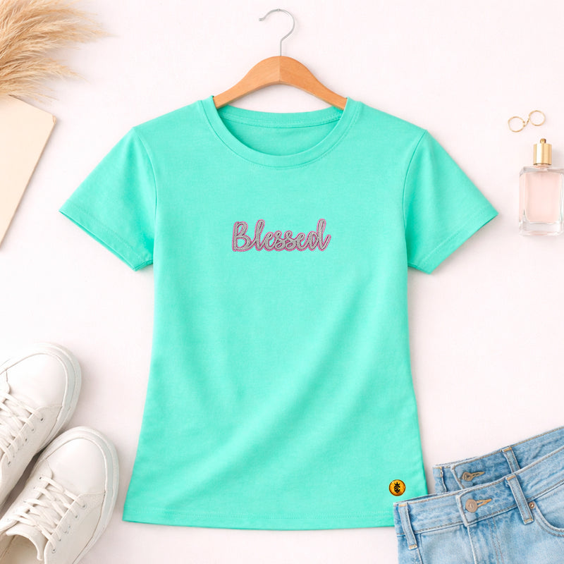 Camiseta Feminina Verde Menta Blessed Glitter Pink Aplique