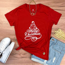 Camiseta Feminina Vermelha Árvore Merry Christmas