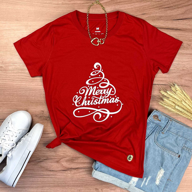 Camiseta Feminina Vermelha Árvore Merry Christmas