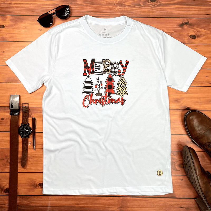 Camiseta Masculina Branca Merry Christmas Árvore