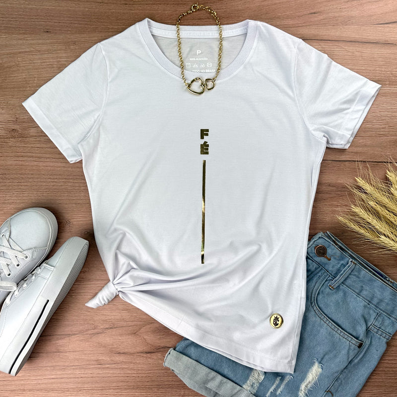 Camiseta Feminina Branca Fé Listra Dourado