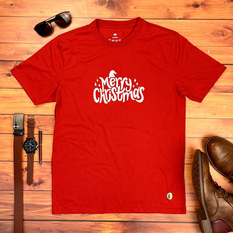 Camiseta Masculina Vermelha Merry Christmas Chapéu