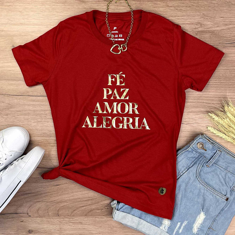 Camiseta Feminina Vermelha Fé Paz Dourado