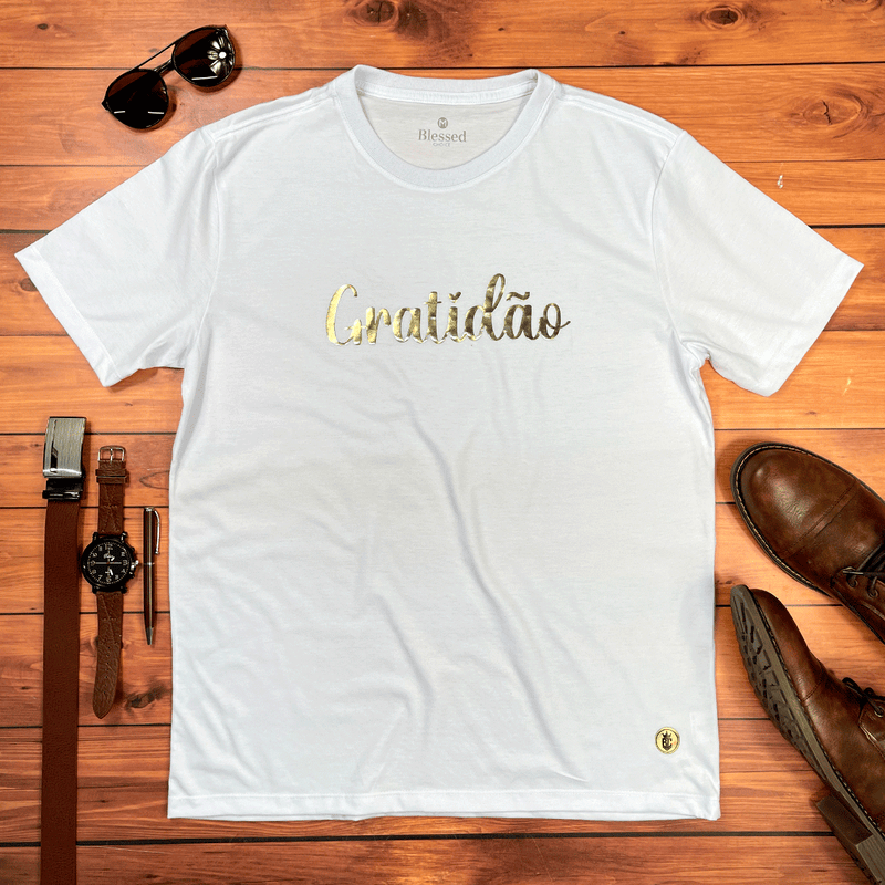 Camiseta Masculina Branca Gratidão Dourado