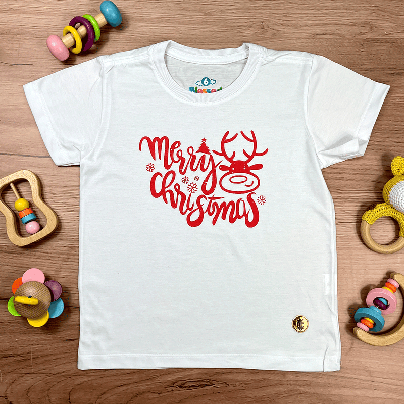 T-Shirt Infantil Branca Merry Christmas Alce