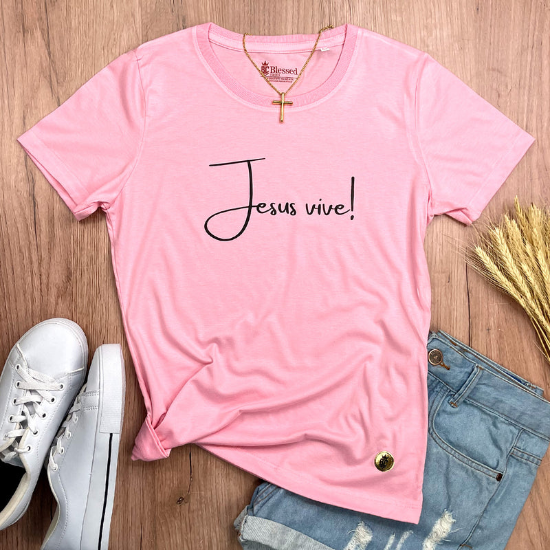 Camiseta Feminina Rosa Jesus Vive!