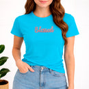 Camiseta Feminina Turquesa Blessed Glitter Pink Aplique