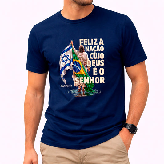 Camiseta Masculina Azul Brasil Feliz é a Nação