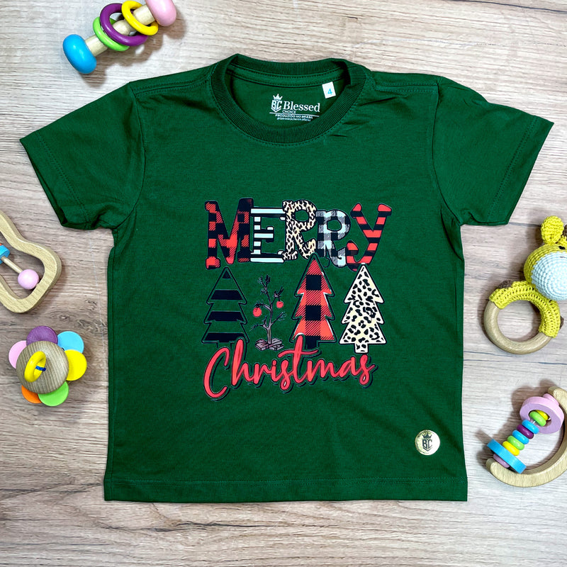 T-Shirt Infantil Verde Merry Christmas Árvore