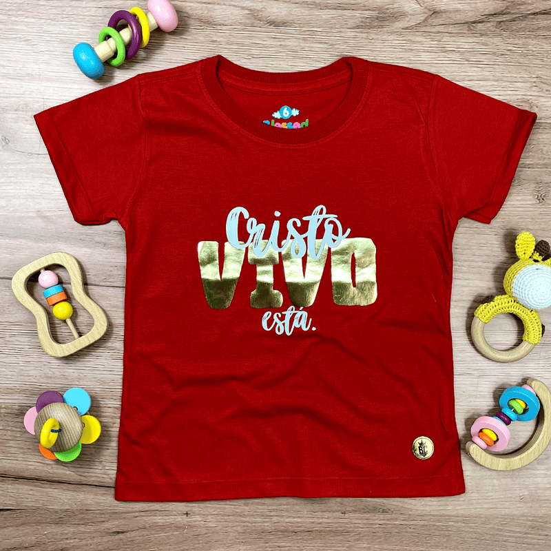 T-Shirt Infantil Vermelha Cristo Vivo Está