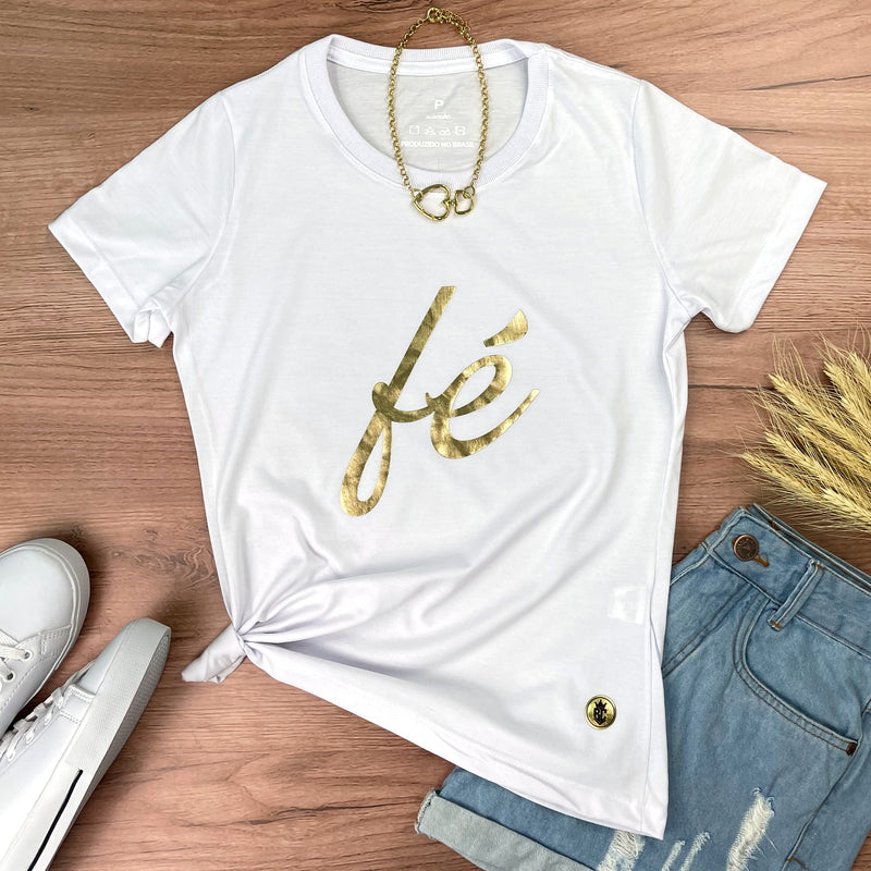 Camiseta Feminina Branca Fé Manuscrito Dourado