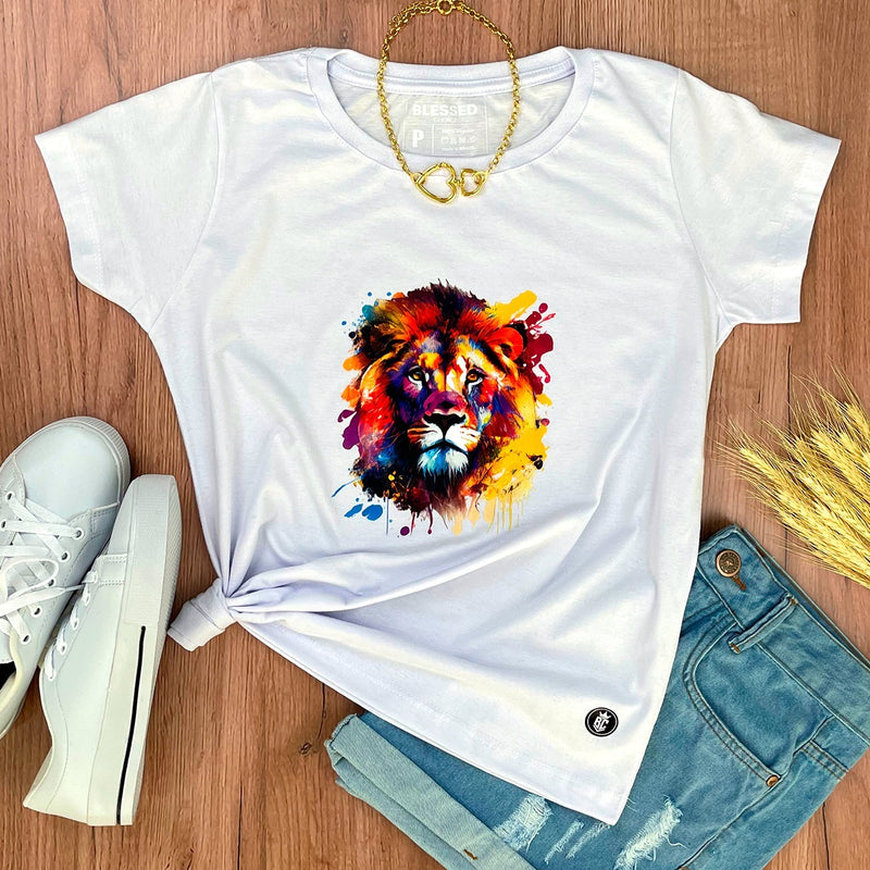 Camiseta Feminina Branca Leão Colorido