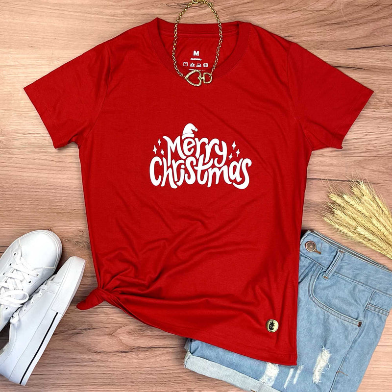 Camiseta Feminina Vermelha Merry Christmas Chapéu