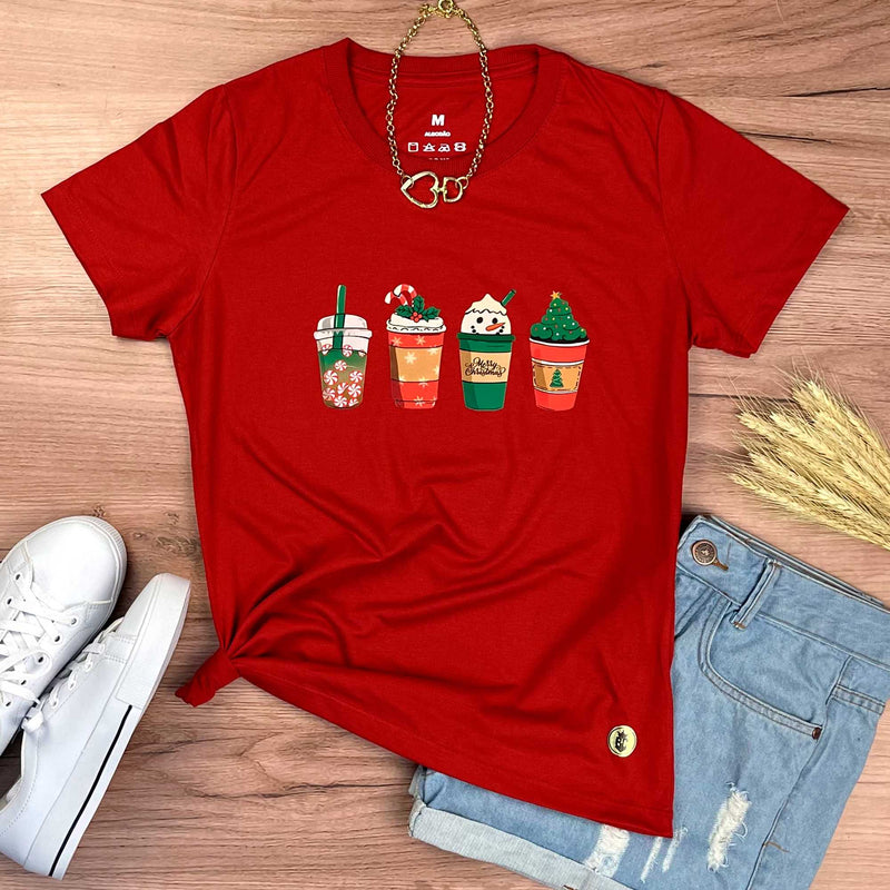 Camiseta Feminina Vermelha Copos Natal