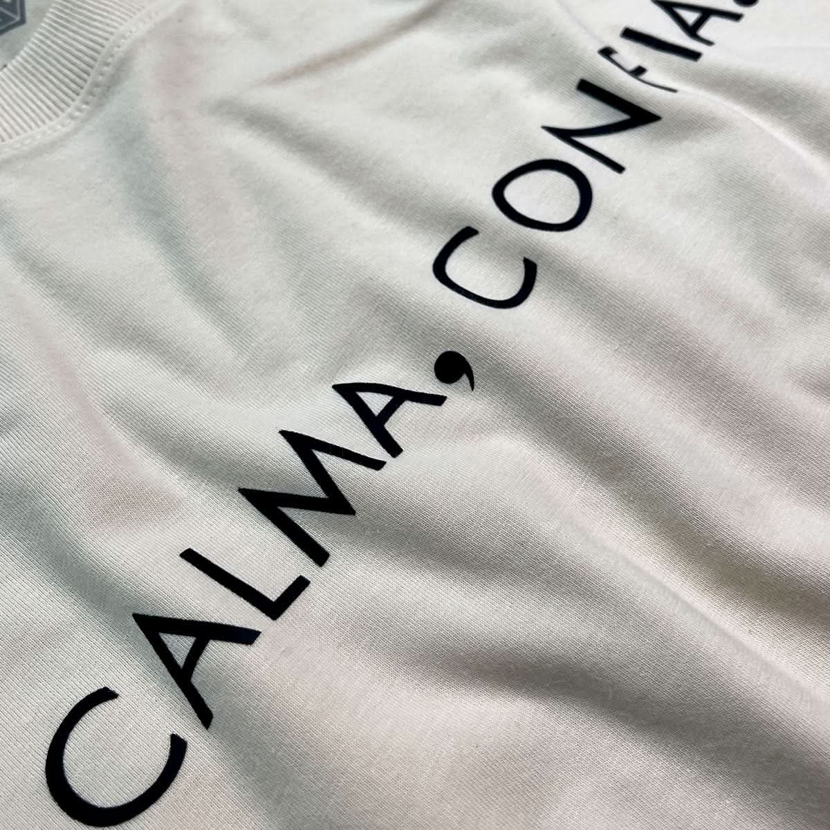 Camiseta Masculina Off White Calma, Confia.