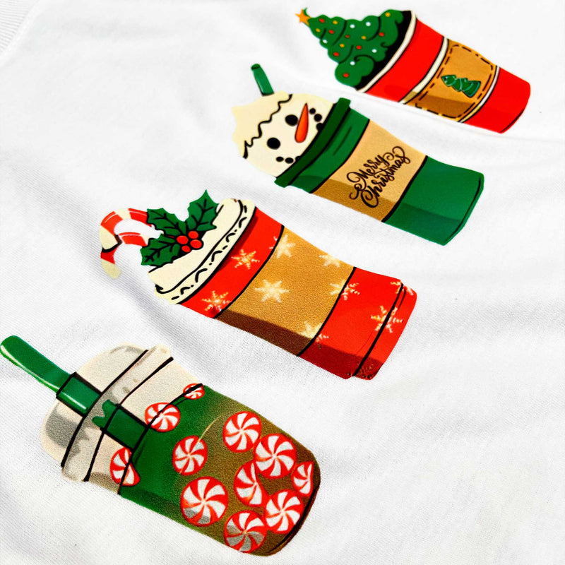 Camiseta Feminina Branca Copos De Natal