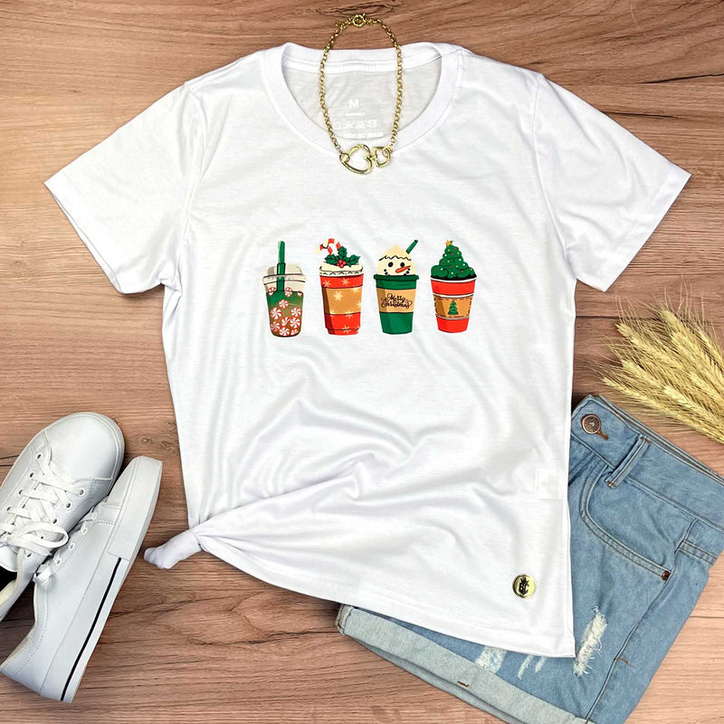 Camiseta Feminina Branca Copos De Natal