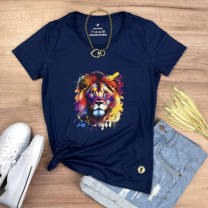 Camiseta Feminina Azul Leão Colorido