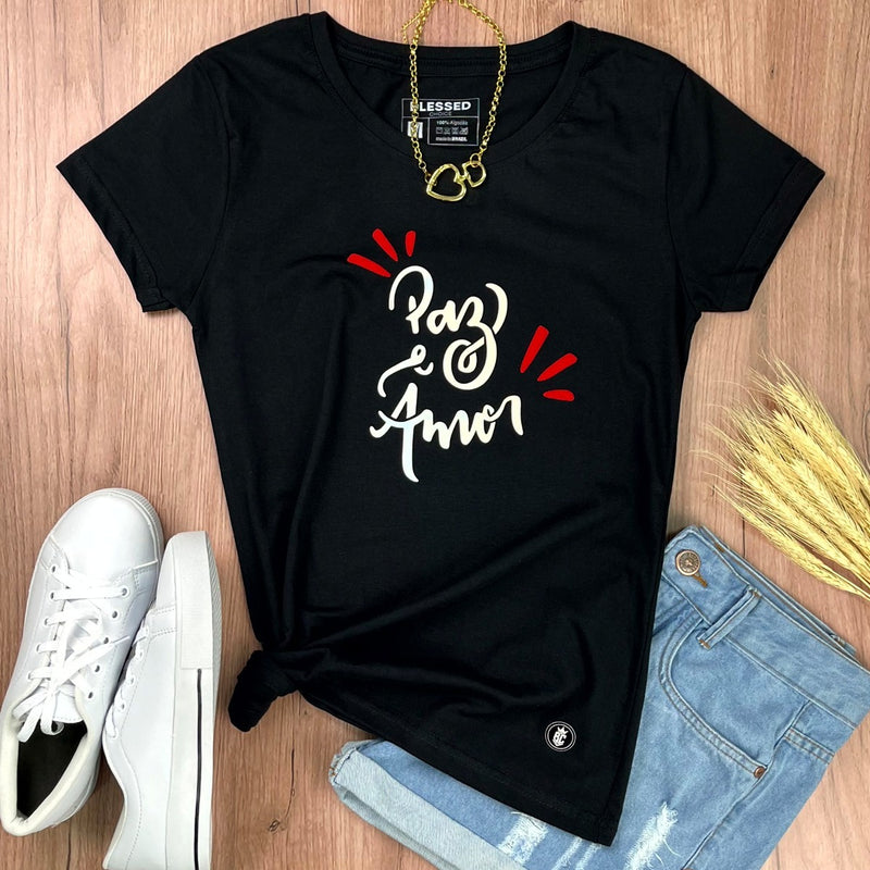 Camiseta Feminina Preta Paz e Amor