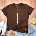 Camiseta Feminina Marrom Cruz Dourada Jesus Cristo