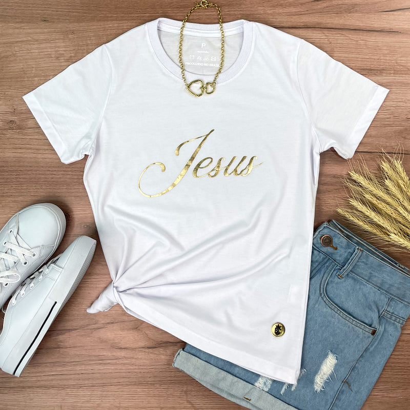 Camiseta Feminina Branca Jesus Dourado