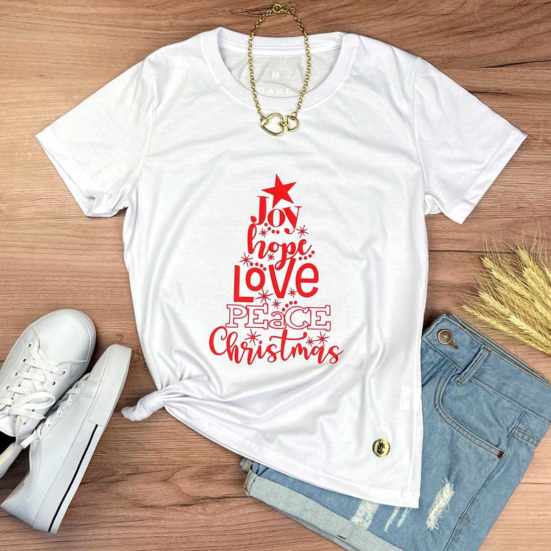 Camiseta Feminina Branca Árvore Joy Hope Love Peace Christmas