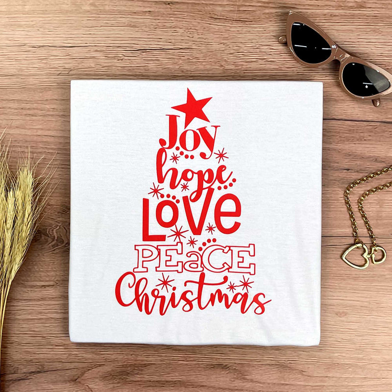 Camiseta Feminina Branca Árvore Joy Hope Love Peace Christmas