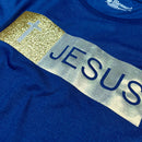 Camiseta Feminina Azul Aplique Jesus Glitter Dourado
