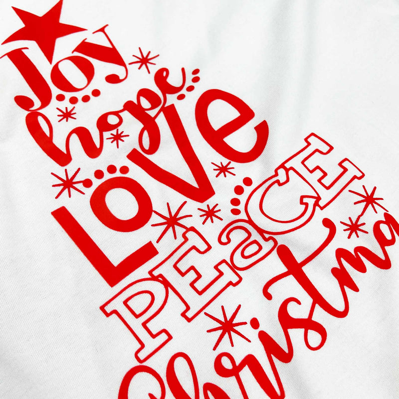 Camiseta Feminina Branca Árvore Joy Hope Love Peace Christmas