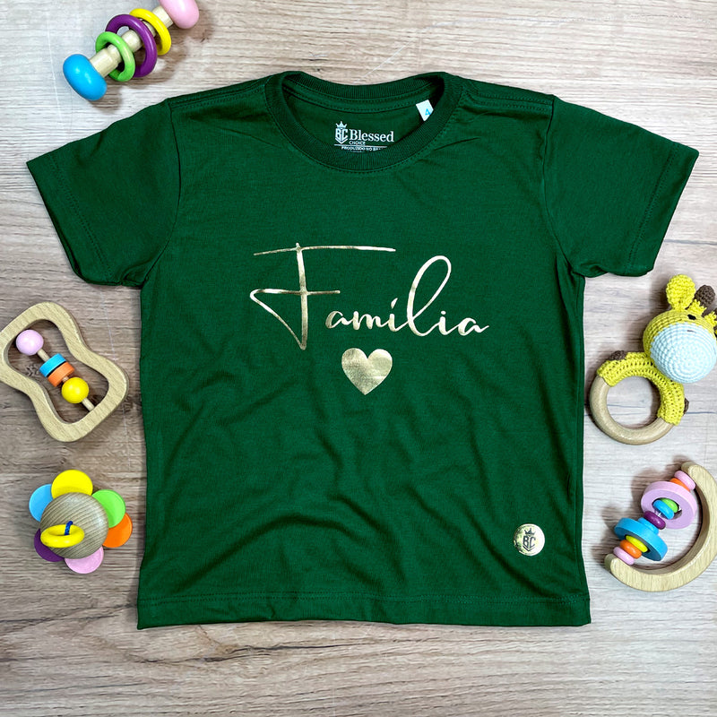 T-Shirt Infantil Verde Família Coração Dourado