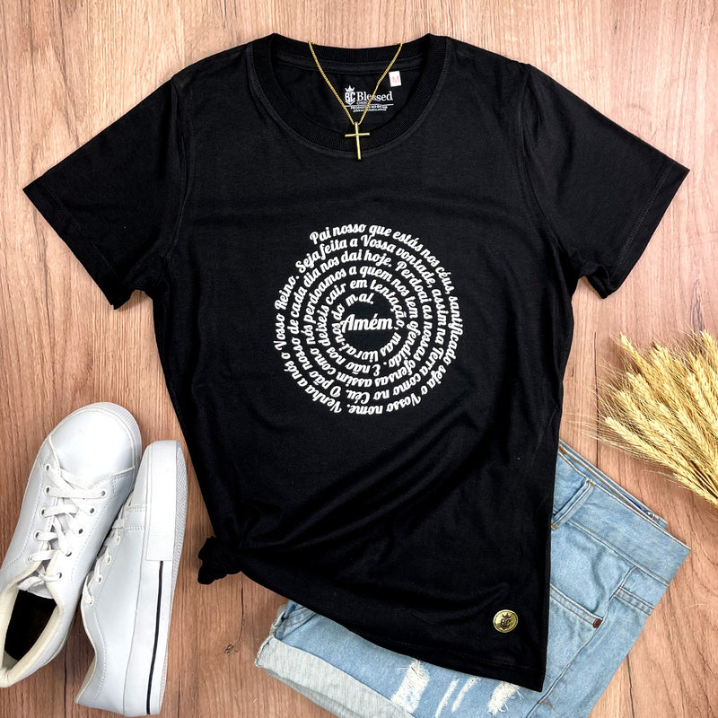 Camiseta Feminina Preta Oração Pai Nosso