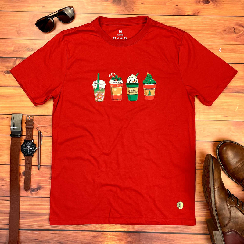 Camiseta Masculina Vermelha Copos de Natal