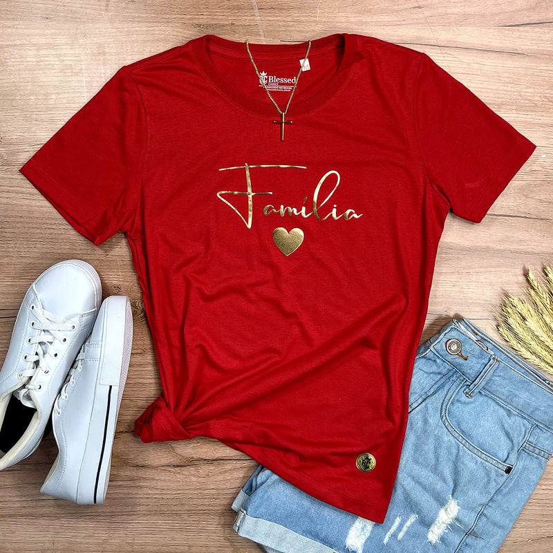 Camiseta Feminina Vermelha Família Coração Dourado