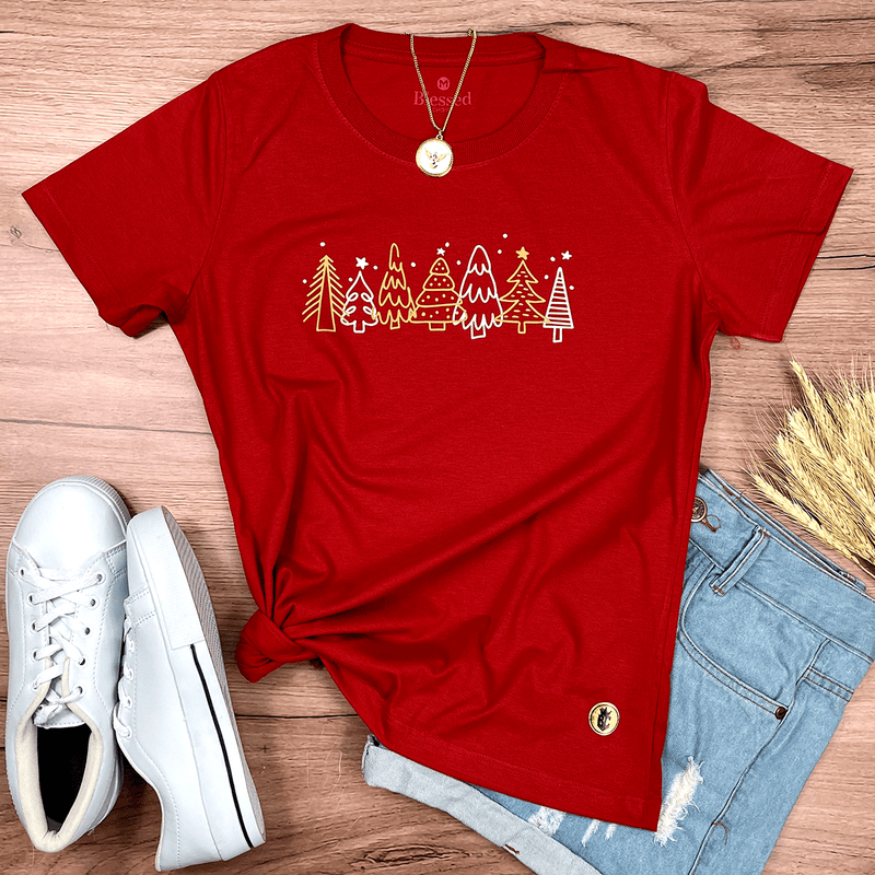 Camiseta Feminina Vermelha Árvores Natal