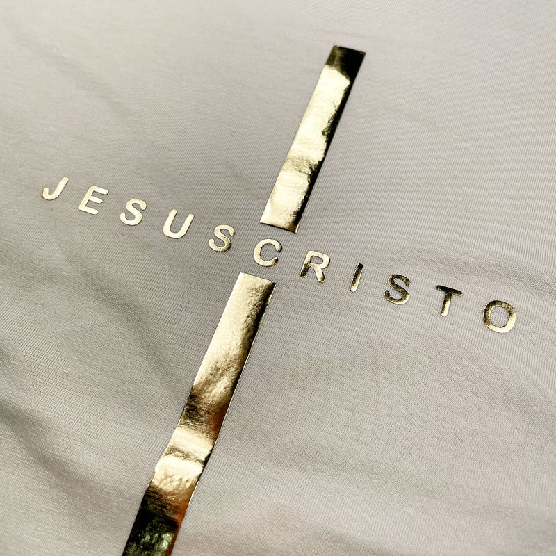 Camiseta Feminina Off White Cruz Dourada Jesus Cristo