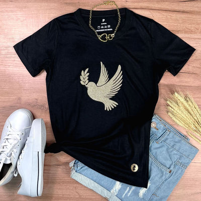 Camiseta Feminina Preta Pomba da Paz