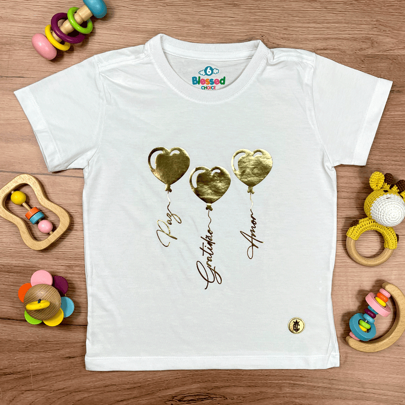 T-Shirt Infantil Branca Coração Paz Amor Dourado